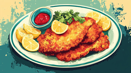a Wiener schnitzel, stylized depiction of the crispy schnitzel with lemon wedges and traditional sides, reminiscent of vintage European food advertisements