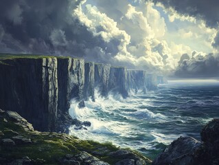 Rocky coastline with high cliffs and crashing waves, under a dramatic sky with dark clouds and occasional rays sunlight