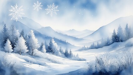 Snowy winter mountain landscape with trees and snowflakes