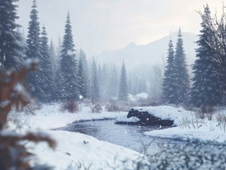 A serene winter landscape features snow-covered trees and a calm river, creating a peaceful and tranquil scene under a gently overcast sky.