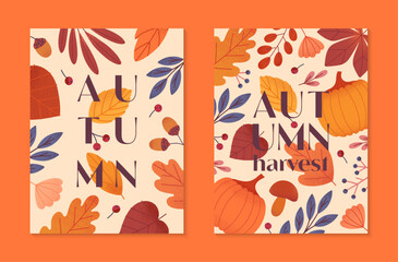 Obraz premium Autumn harvest festival posters with pumpkins,leaves,mushroom,berries,plants in fall colors.Vector harvest fest illustrations.Trendy fall templates for prints,ad,smm,banners,invitations,covers