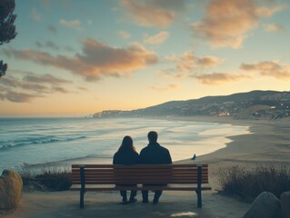 Obraz premium A couple sits on a bench overlooking a serene beach at sunset, creating a peaceful and romantic atmosphere with soft waves and a colorful sky.