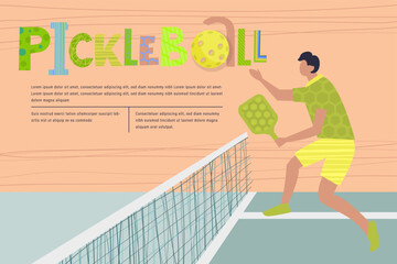 Pickleball landscape print with creative lettering in modern minimalistic style.