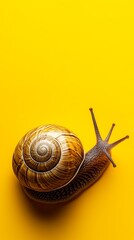 Snail on a bright yellow surface, top view. A textured snail glides across a vibrant yellow background with copy space.