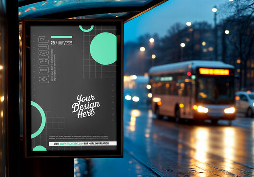 Poster on an Urban Bus Stop Mockup