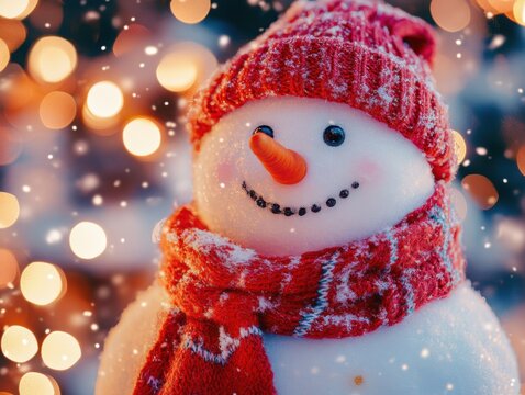 A cheerful snowman with a red scarf and hat, set against a festive background of glowing lights and falling snow, encapsulating a joyful winter holiday mood.