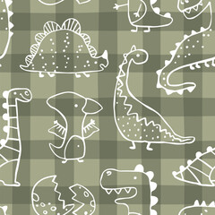 Gingham Dino vector seamless pattern with hand drawn dinosaurs and tropical plants and palm trees. Contours on a green khaki background. Ideal for baby textiles, clothing and decor.