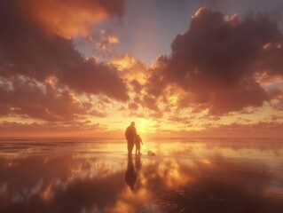 A father and son play on the beach at sunset, with dramatic clouds and golden reflections on the wet sand creating a serene and warm atmosphere.
