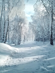 A tranquil pathway meanders through a snow-blanketed forest, illuminated by soft sunlight. The trees are heavy with snow, creating a peaceful winter ambience.