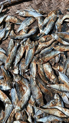 Salted fish being dried on a woven bamboo tray, showcasing texture and traditional details in food processing.