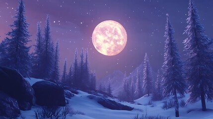 Fototapeta premium Winter night scene with a full moon and snowy trees