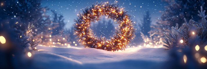 Giant Floating Christmas Wreath Covered in Glittering Lights, Spinning Slowly Above a Snow-Covered Hill 