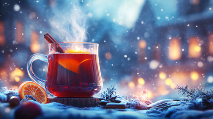Giant Floating Cup of Mulled Wine, Steaming with Cinnamon and Orange, Against a Cozy Winter Background 