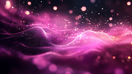Fototapeta premium A dreamy wave of glowing pink particles flowing smoothly across a dark abstract background, evoking a sense of elegance and energy.