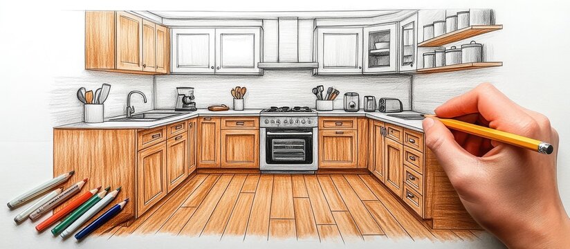 Hand drawing a kitchen design on paper with colored pencils.