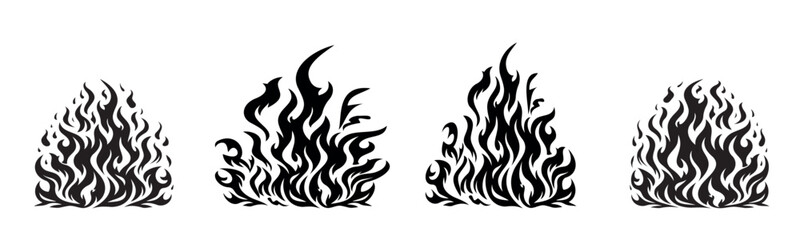 Fire, black silhouette on a transparent background, burning flames, minimalist flat vector set