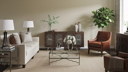 Traditional Living Room Elegant living room with a white sofa, brown leather armchair, and a coffee table.