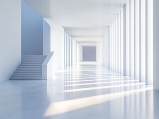 Fototapeta premium A serene, modern hallway with soft gray and blue tones, featuring sharp shadow lines from large windows, creating an ethereal and minimalist atmosphere.