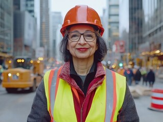A woman in a safety vest and hard hat stands confidently at a construction site in the city. The busy urban setting reflects an industrious atmosphere.