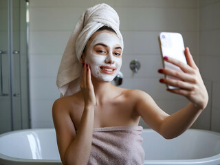 Bonita modelo tomándose un autorretrato después de bañarse envuelta en una toalla y usando una mascarilla
