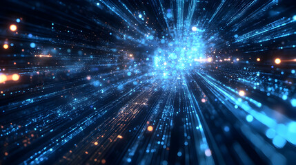 Fototapeta premium A radiant burst of glowing blue light particles spreading outward, creating a dynamic cosmic energy explosion.