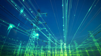 Obraz premium High-voltage power lines glowing with green light effects, symbolizing futuristic energy transmission and connectivity.