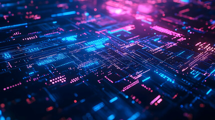 Obraz premium A digital grid with neon pink and blue elements, showcasing a futuristic circuit-like design representing technological advancement.