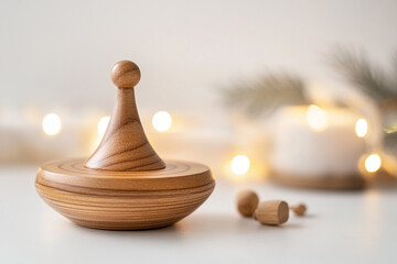 Hanukkah wooden dice on a table with a white bokeh background, Jewish Hanukkah-themed