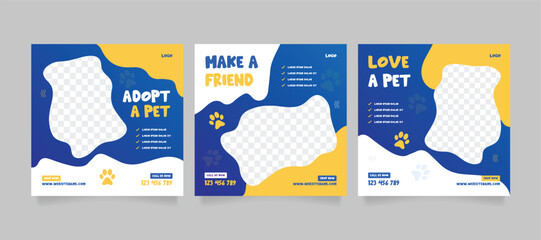 Set of pet care promotion banner social media pack template. Pet adoption social media post template. Pet shop social media carousel template.