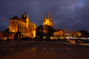 cathedral square in Erfurt with view to cathedral and church Severi in the evening