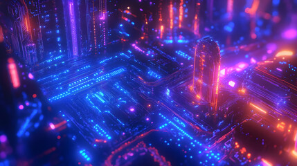 A glowing futuristic city grid in neon blue and pink, with illuminated skyscrapers and pathways representing advanced technology.