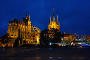 cathedral square in Erfurt with view to cathedral and church Severi in the blue hour