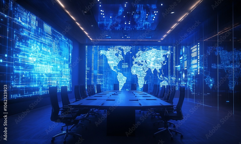 Leinwandbilder modern conference room with a large screen displaying a world map and data visualizations.