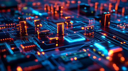 Obraz premium A detailed circuit board with glowing orange and blue elements, symbolizing innovation and digital technology.