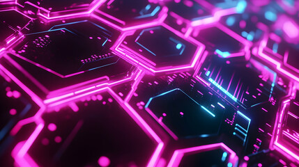 A futuristic design featuring glowing pink hexagonal patterns with luminous blue highlights, symbolizing advanced digital technology.