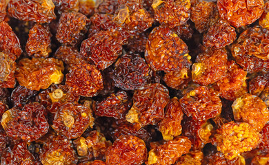 Getrocknete Blasenkirschen, Physalis, in einer Nahaufnahme