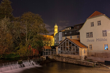 New Mill in german Neue Muhle watermill in Erfurt at night