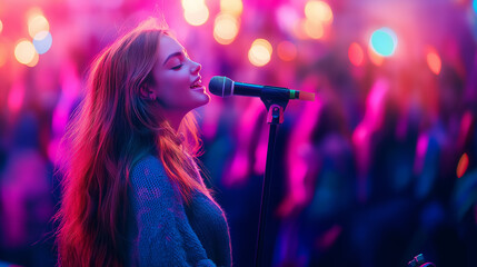 A young woman with long red hair sings into a microphone on stage.