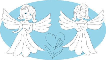 Two little Christmas smiling angel girl with wings. Painted little Christmas soaring angels with wings. A character in a book of fairy tales.