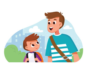 Portrait of father and son, family walk around talking. Curious child speaking with father. Coming back home from school. Vector flat design.