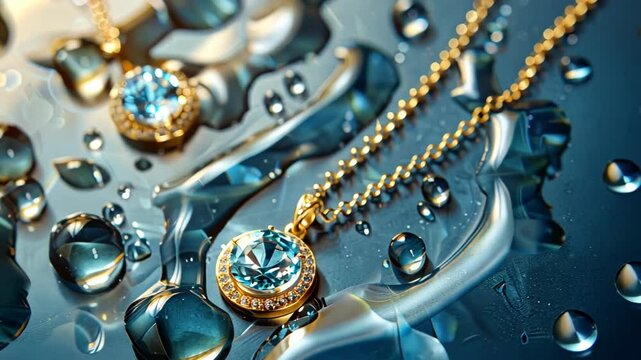 A pair of necklaces with blue stones are displayed on a wet surface. The water droplets on the surface create a reflective and calming atmosphere, emphasizing the beauty of the jewelry