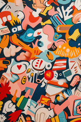 A colorful and chaotic pattern of cartoon figures and shapes.
