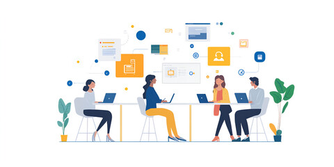 Fototapeta premium Teamwork and Technology in Modern Business Workspace, Office Setup for Group Collaboration and Communication