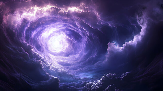 A swirling cosmic vortex in shades of purple and white, resembling a galactic nebula with a glowing center.