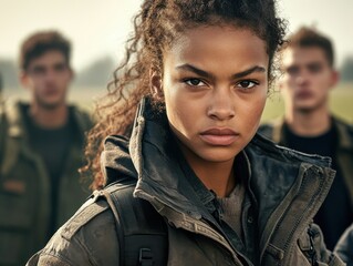 Fototapeta premium A group of teenagers dressed in outdoor gear stands against a natural backdrop. The focus is on a determined young woman with curly hair and a serious expression.