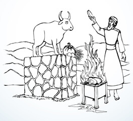 Vector drawing. Man worship idol