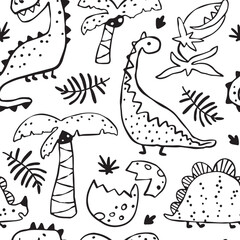 Seamless pattern featuring doodle-style dinosaurs, cracked eggs, and tropical plants in black outline on a white background. Perfect for kids products, textiles, wallpapers, or educational materials.