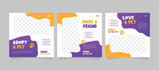 Set of pet care promotion banner social media pack template. Pet adoption social media post template. Pet shop social media carousel template.