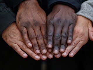 Fototapeta premium A close-up of diverse hands placed together symbolizes unity and multicultural harmony. The image conveys a message of solidarity and cooperation.