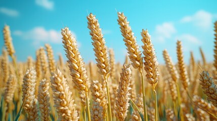 Fototapeta premium Golden wheat field under bright blue sky with fluffy clouds